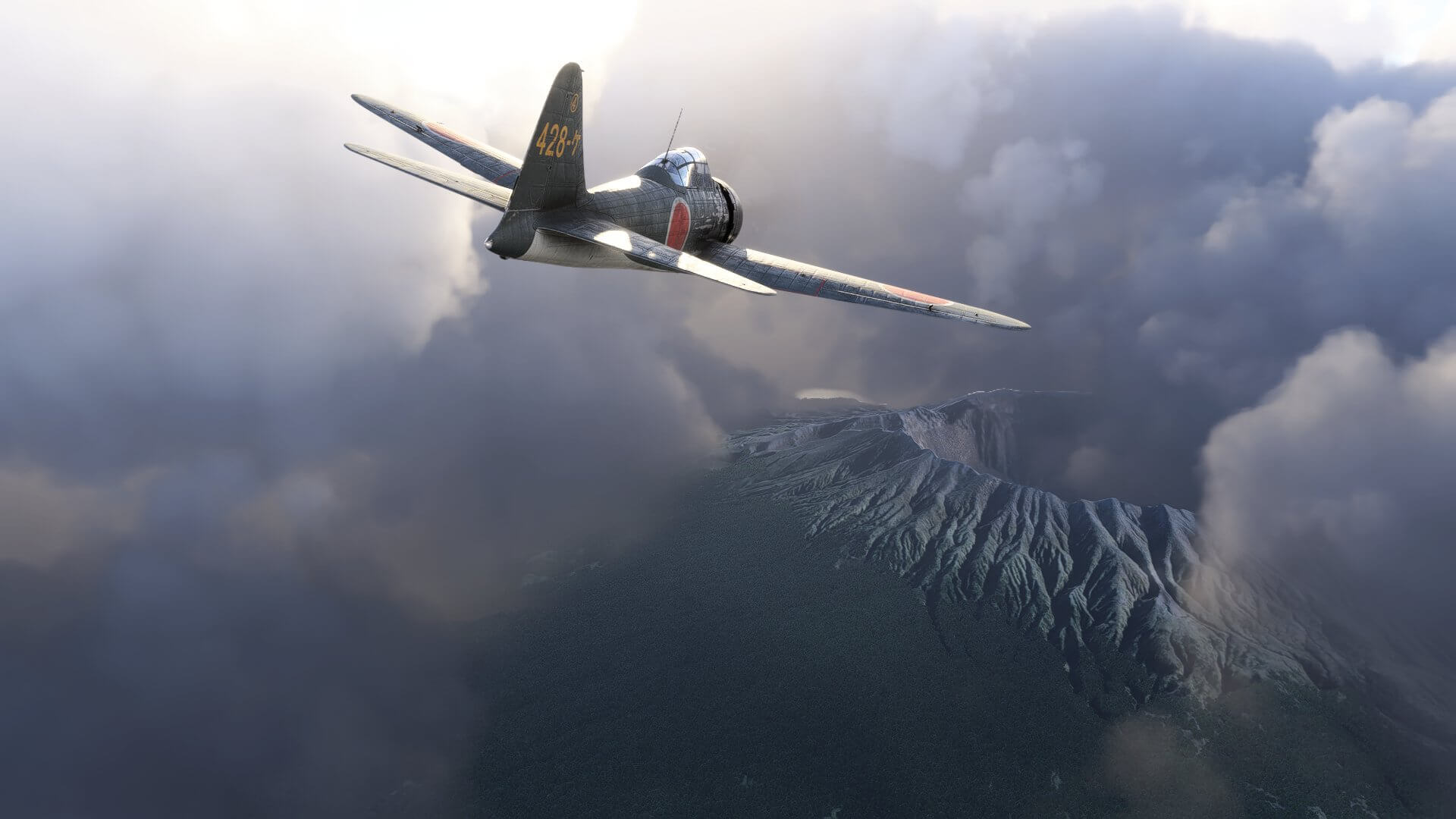 A vintage fighter aircraft descends towards a volcano with clouds closing in on all sides
