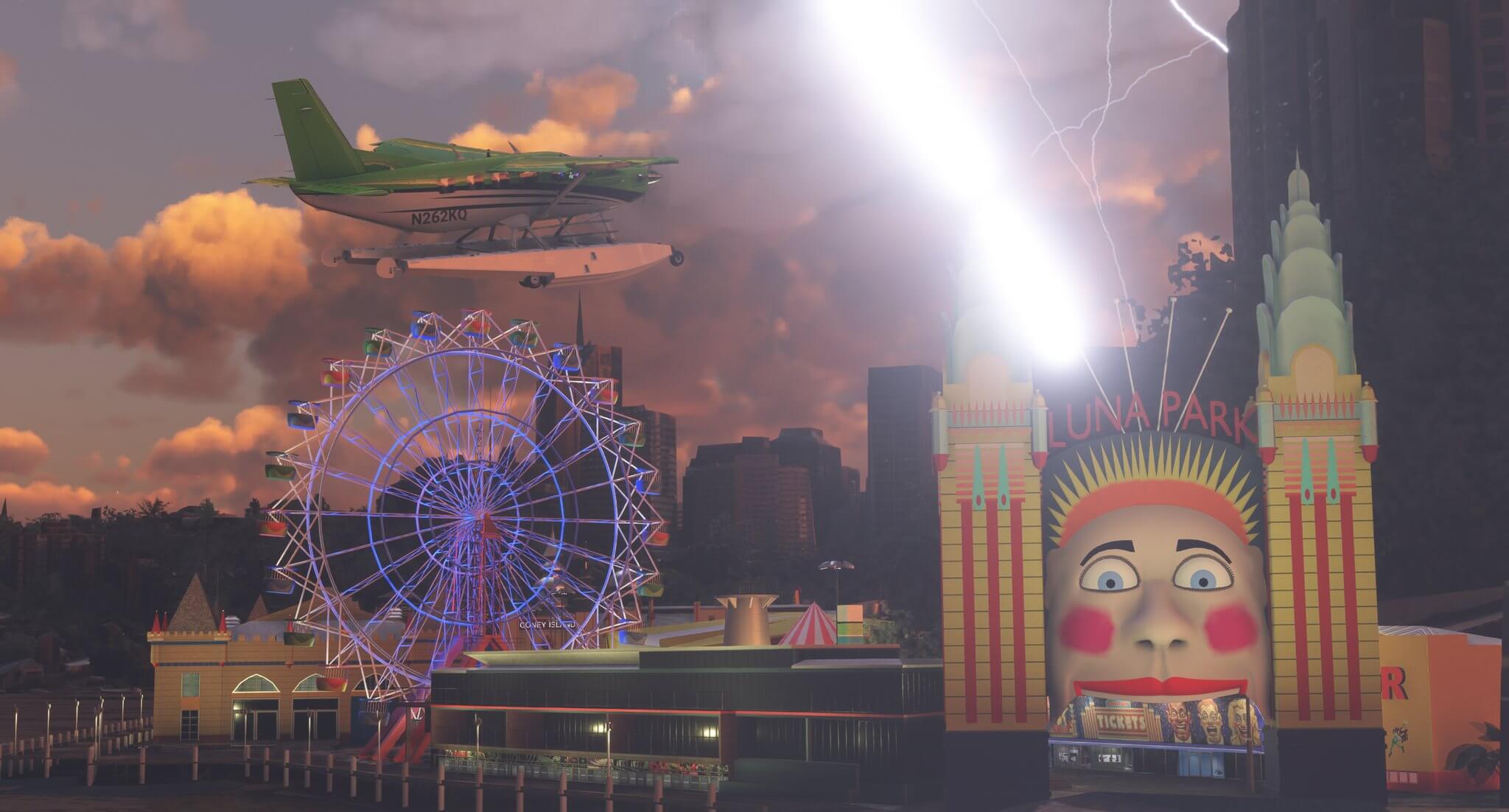 A green high-wing water float aircraft flies above Coney Island with a lightning bolt flashing behind.