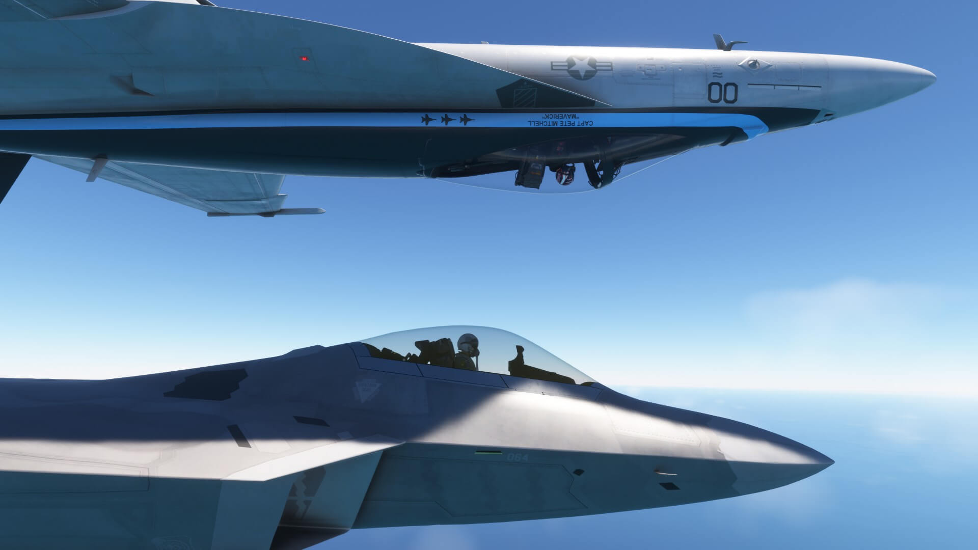 An F/A-18 Hornet in an inverted roll directly above an F-22 fighter jet