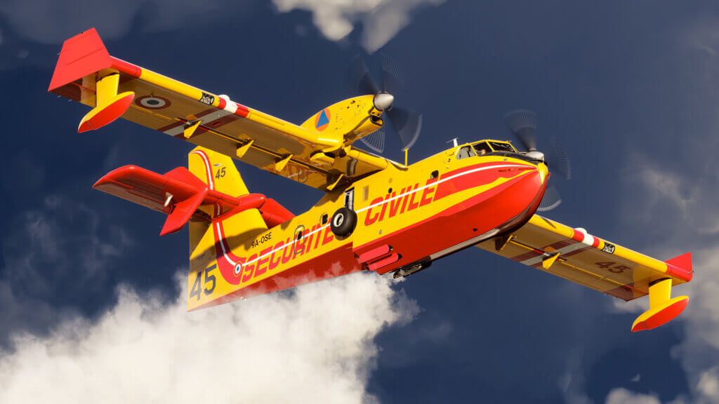 A firefighting plane flying through the sky