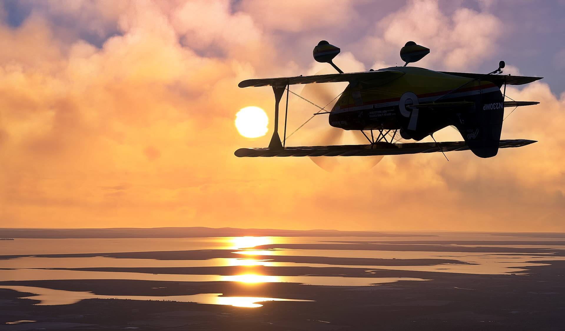 A bi-wing aircraft frames the sun between both wings whilst flying straight and level but inverted.