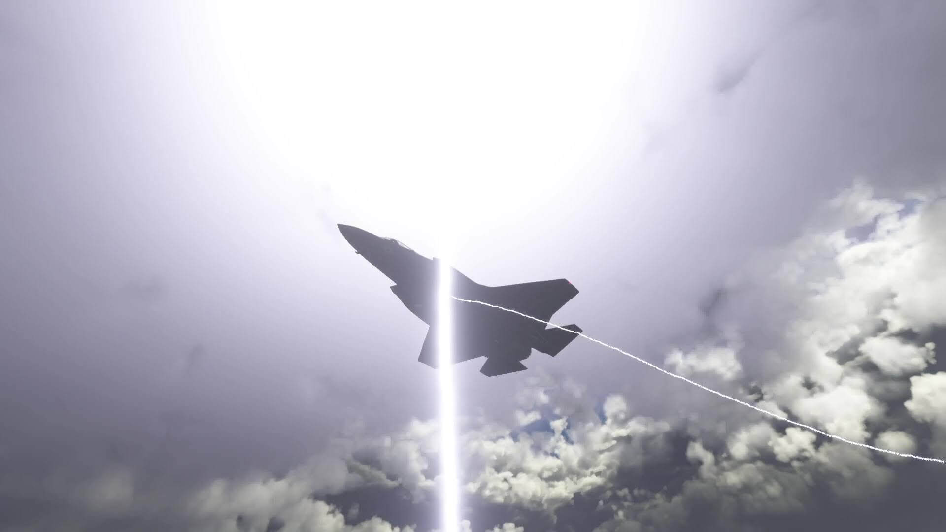 An F-22 Raptor gets close to a lightning strike whilst flying through a storm.