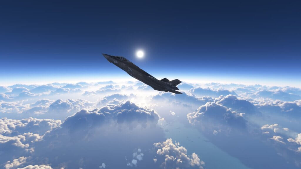 A plane climbing with its nose pointed up and large, puffy skies beneath.