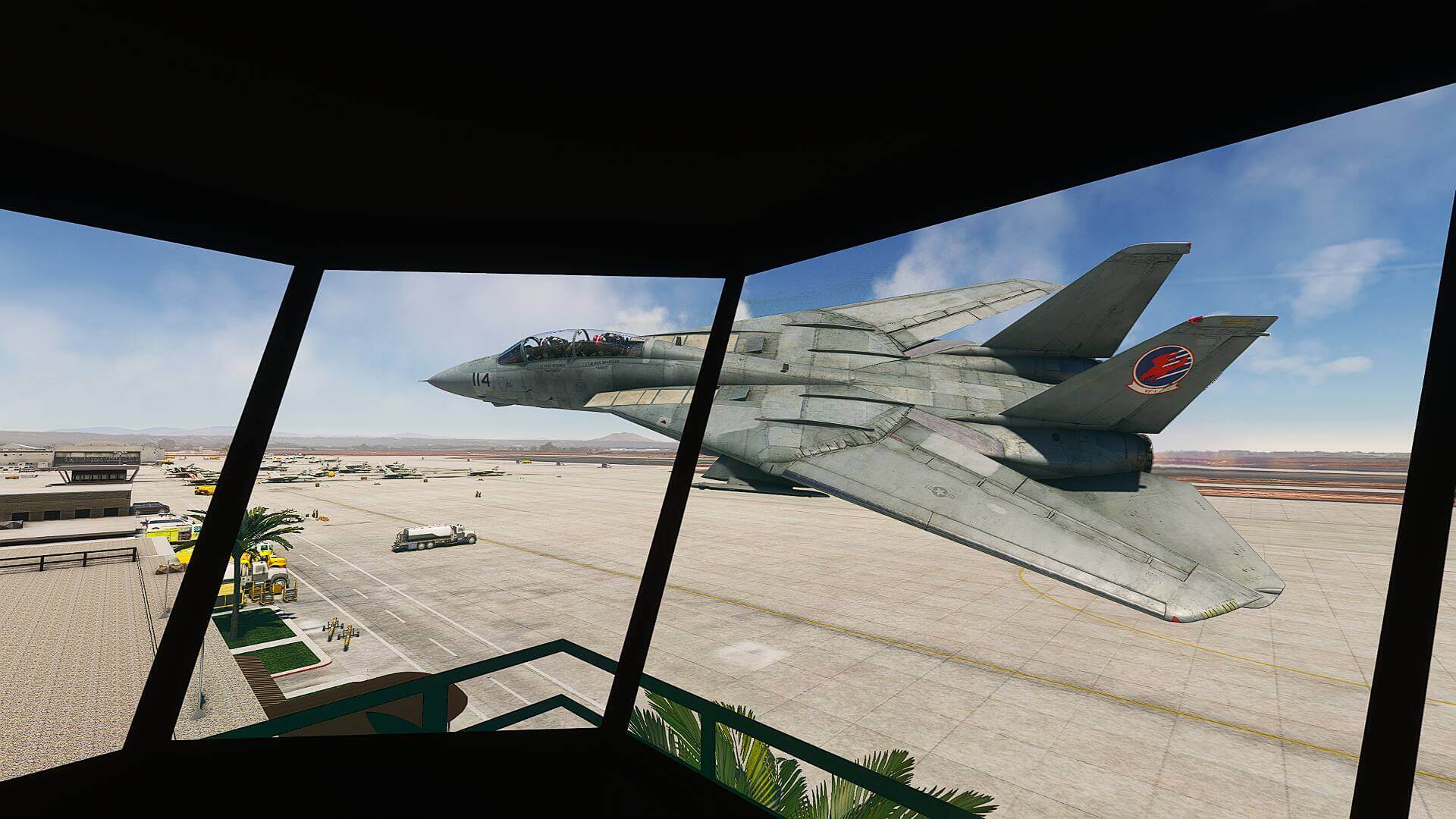 An F-14 Tomcat buzzes an ATC tower