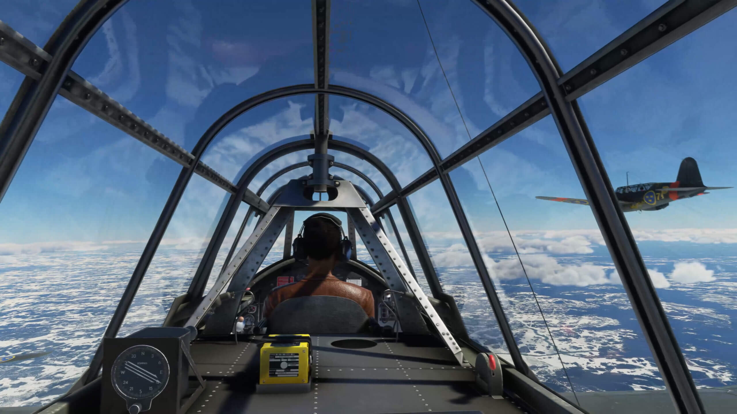 Interior cockpit view of a Saab B 17 in flight