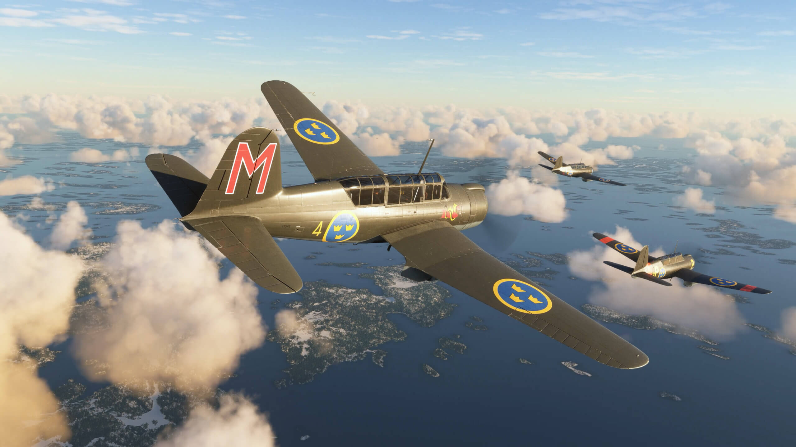 Three Saab B 17s flying in formation