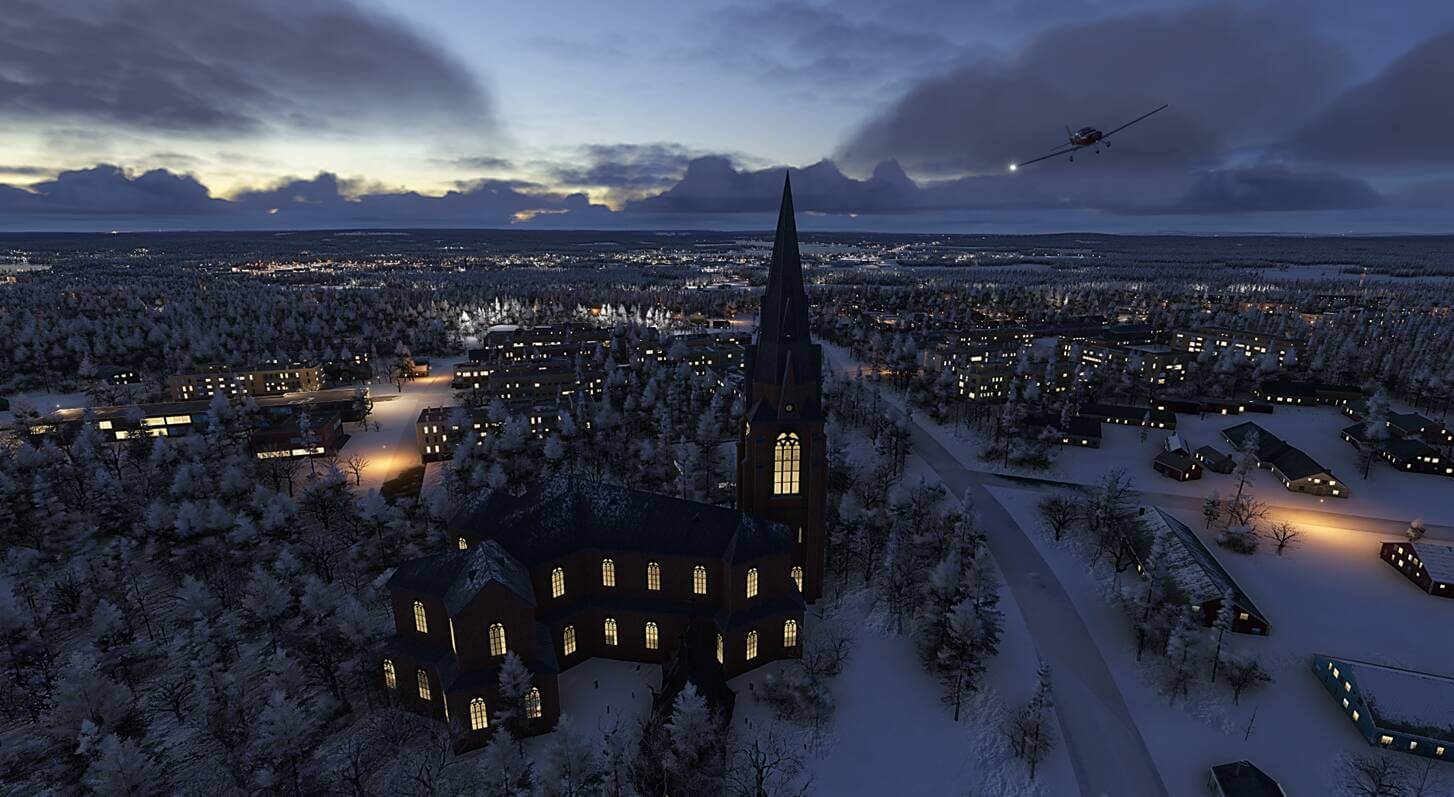 An aircraft flies past a church covered in snow