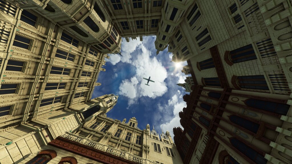 Bottom up view of a plane flying over Schwerin Castle. The walls of the building are on all sides of the image.