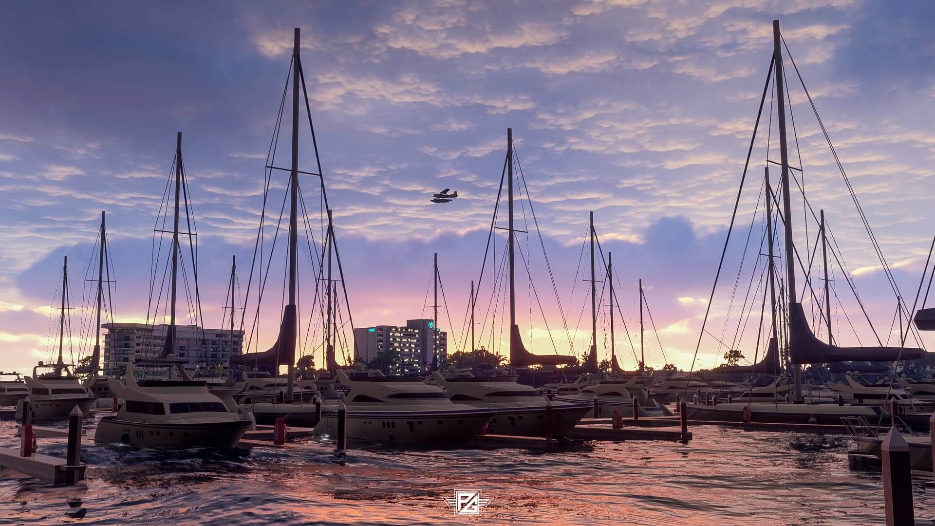 A high-wing propeller aircraft flies nearby a marina with overcast clouds above
