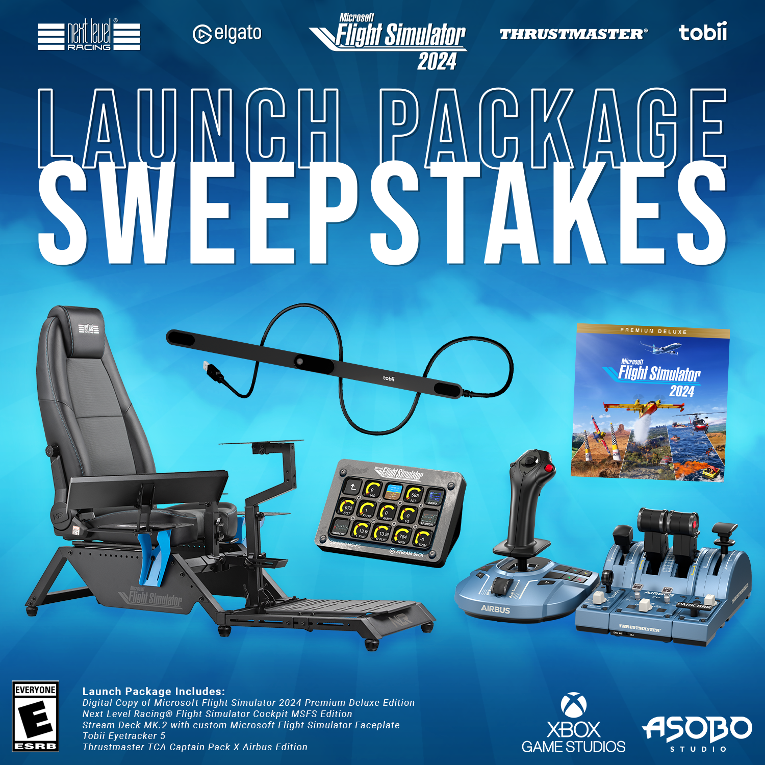 Microsoft Flight Simulator Launch Package Sweepstakes. Launch Package Includes: Digital Copy of Microsoft Flight Simulator 2024 Premium Deluxe Edition Next Level Racing&reg; Flight Simulator Cockpit MSFS Edition Stream Deck MK.2 with custom Microsoft Flight Simulator Faceplate Tobii Eyetracker 5 Thrustmaster TCA Captain Pack X Airbus Edition