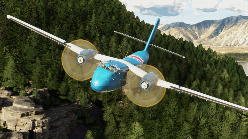A light blue DHC-4 Caribou flies over a forest.